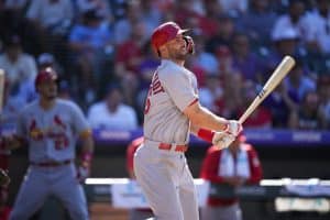 Media by Associated Press - St. Louis Cardinals first baseman Paul Goldschmidt (46) in the ninth inning of a baseball game Thursday, Aug. 11, 2022, in Denver. (AP Photo/David Zalubowski)