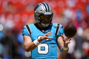Media by Associated Press - Carolina Panthers quarterback Baker Mayfield (6) catches the ball before a NFL preseason football game against the Washington Commanders, Saturday, Aug. 13, 2022, in Landover, Md. (AP Photo/Alex Brandon)
