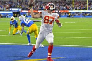 Media by Associated Press - Kansas City Chiefs tight end Travis Kelce (87) celebrates after scoring a touchdown during the fourth quarter of an NFL football game against the Los Angeles Chargers Sunday, Nov. 20, 2022, in Inglewood, Calif. (AP Photo/Jayne Kamin-Oncea)